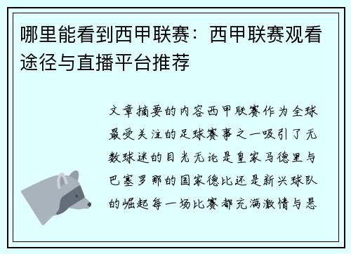 哪里能看到西甲联赛：西甲联赛观看途径与直播平台推荐