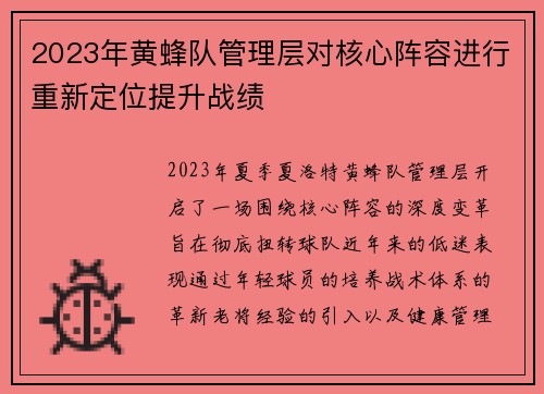 2023年黄蜂队管理层对核心阵容进行重新定位提升战绩